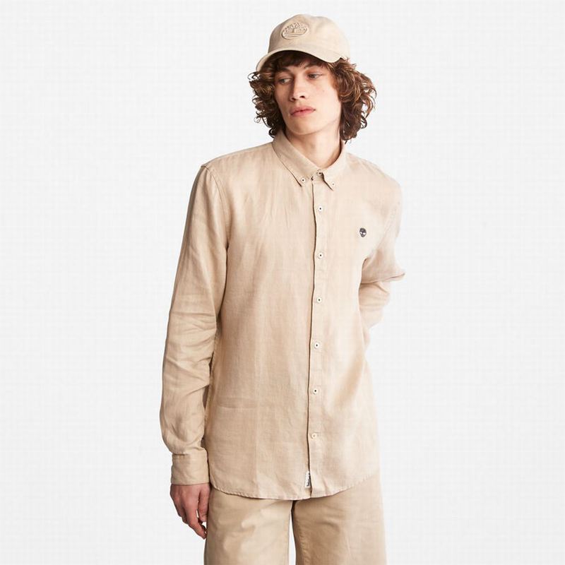 Beige Timberland Mill River Slim-Fit Linen Shirts | 25009423