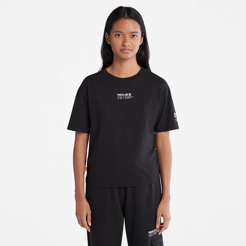 Black Timberland Stacked Logo T-Shirts | 75294093
