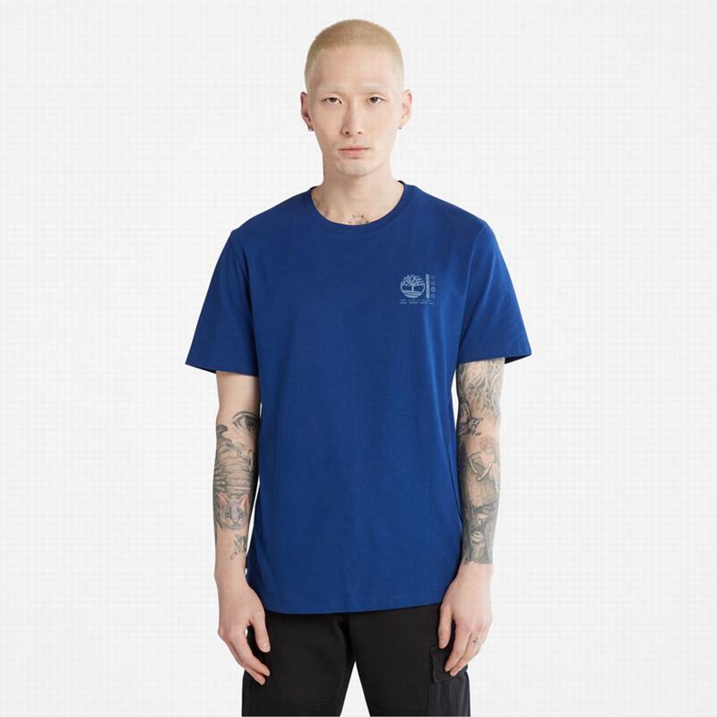 Blue Timberland Outdoor Heritage Stacked-Logo T-Shirts | 77184866