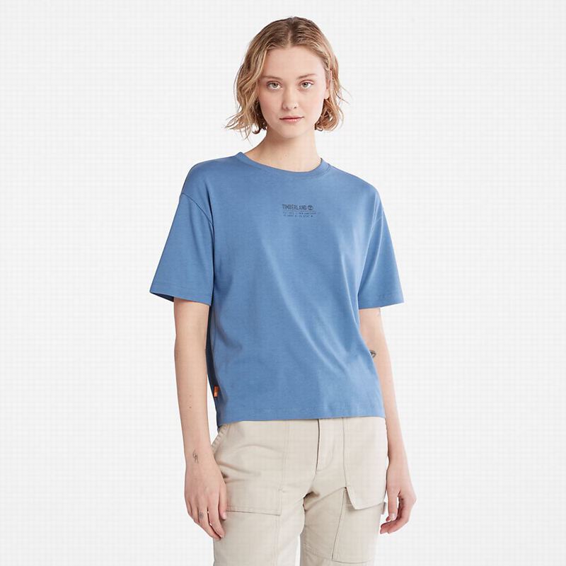 Blue Timberland Stacked Logo T-Shirts | 46172008