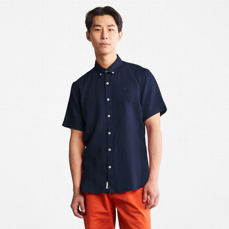 Navy Timberland Mill River Short-Sleeve Linen Shirts | 64770388