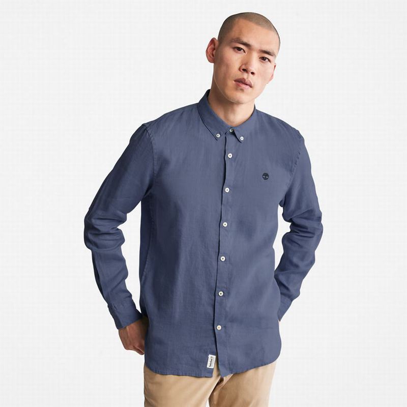 Navy Timberland Mill River Slim-Fit Linen Shirts | 98485231