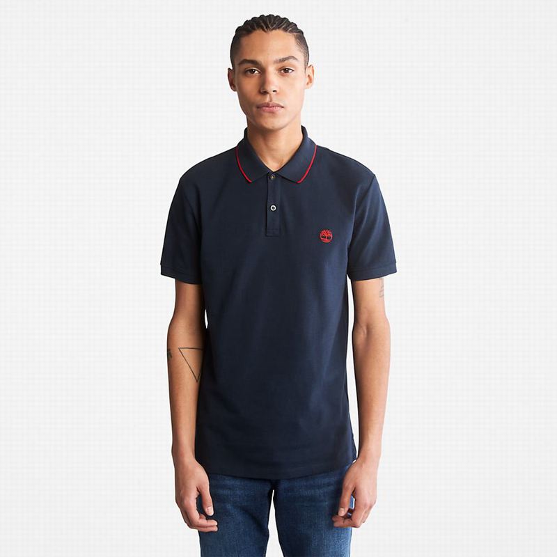 Navy Timberland Millers River Print-Collar Polo Shirts | 43877168