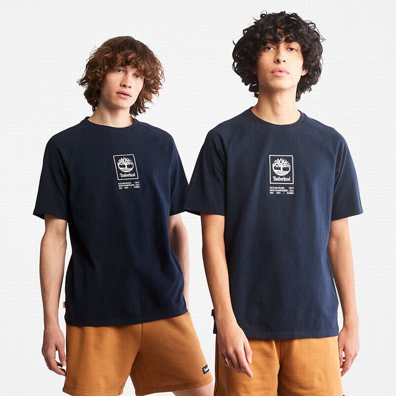 Navy Timberland Stack Logo T-Shirts | 21927744