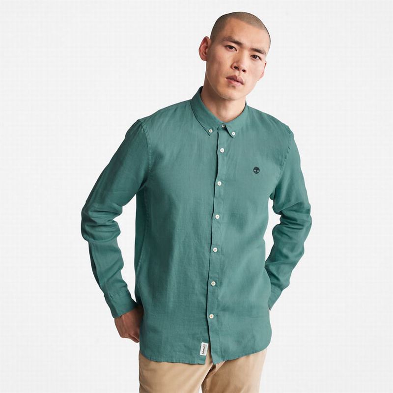 Turquoise Timberland Mill River Slim-Fit Linen Shirts | 4087189