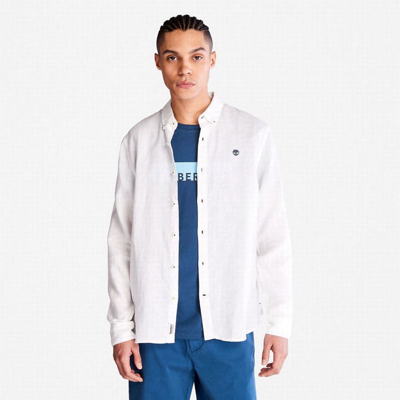 White Timberland Mill River LS Linen Shirts | 99346641